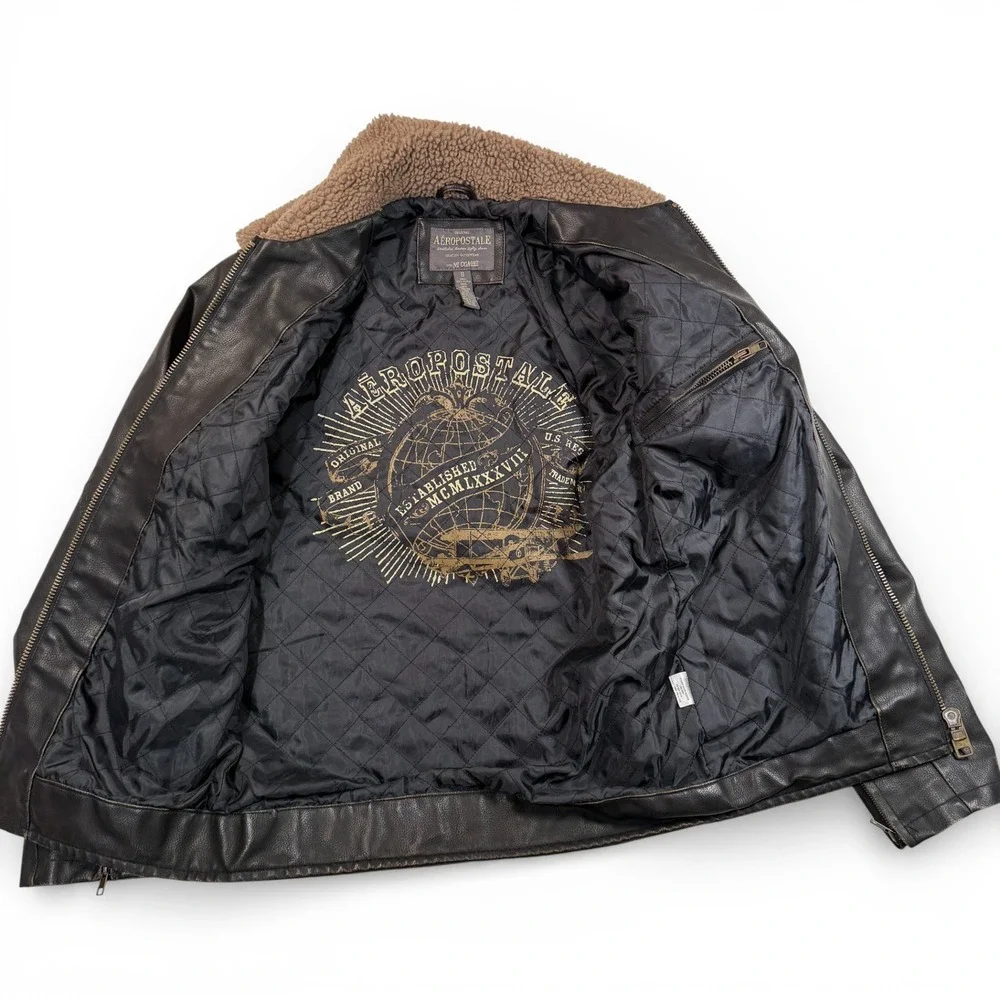 Aeropostale Faux Vegan Leather Jacket Sherpa Collar Brown Mens Small Bomber‎
